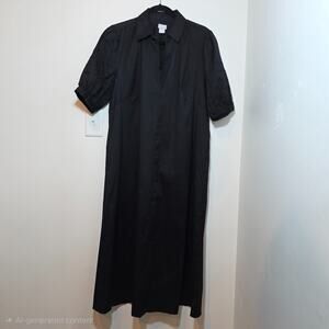 Chico's Eyelet Puff Sleeve Maxi Dress Size 2 L Black Collared Pockets Chic